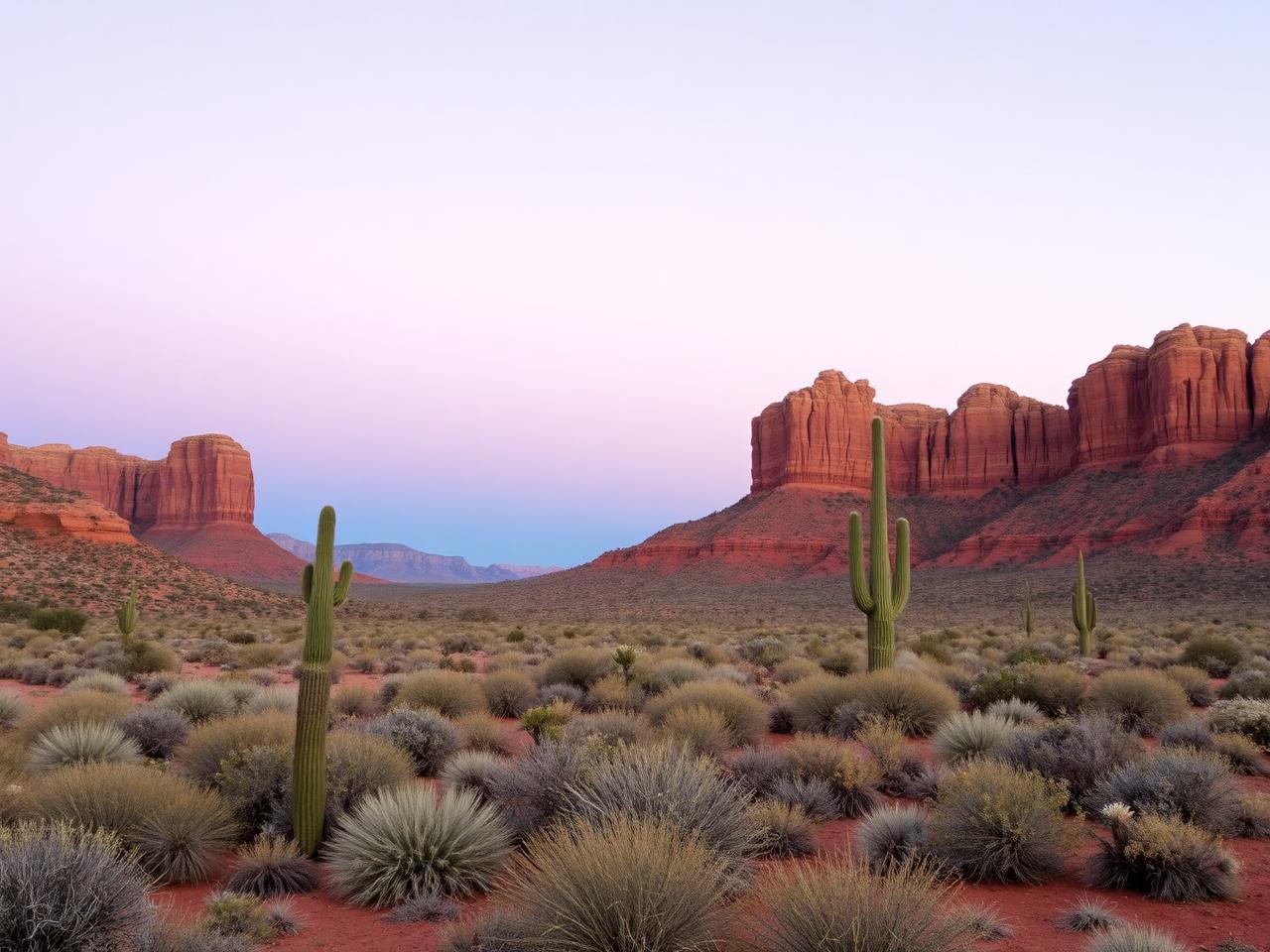 Red sandstone buttes above desert scrub at dusk