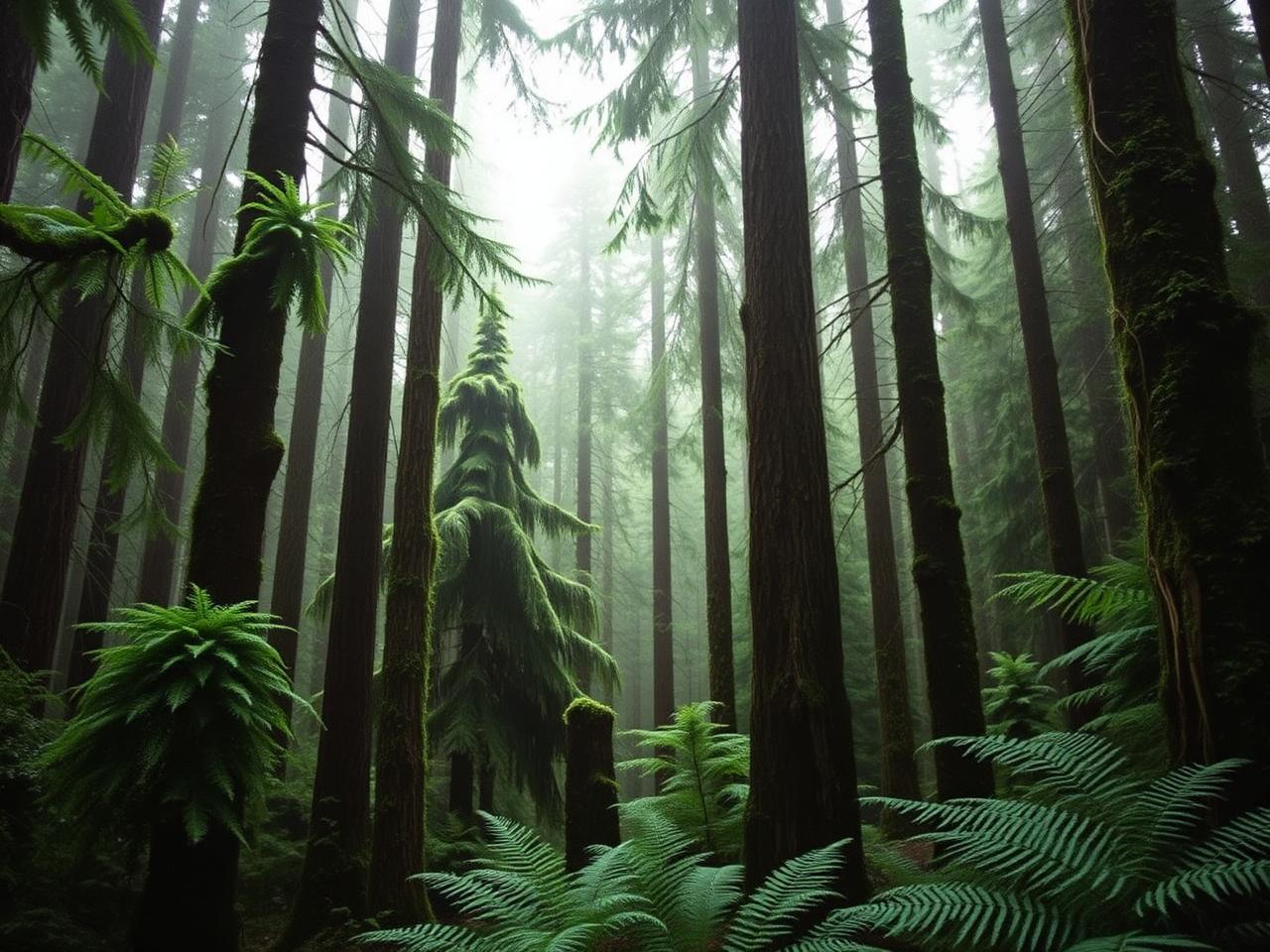 Tall moss-covered conifers and ferns in a temperate rainforest