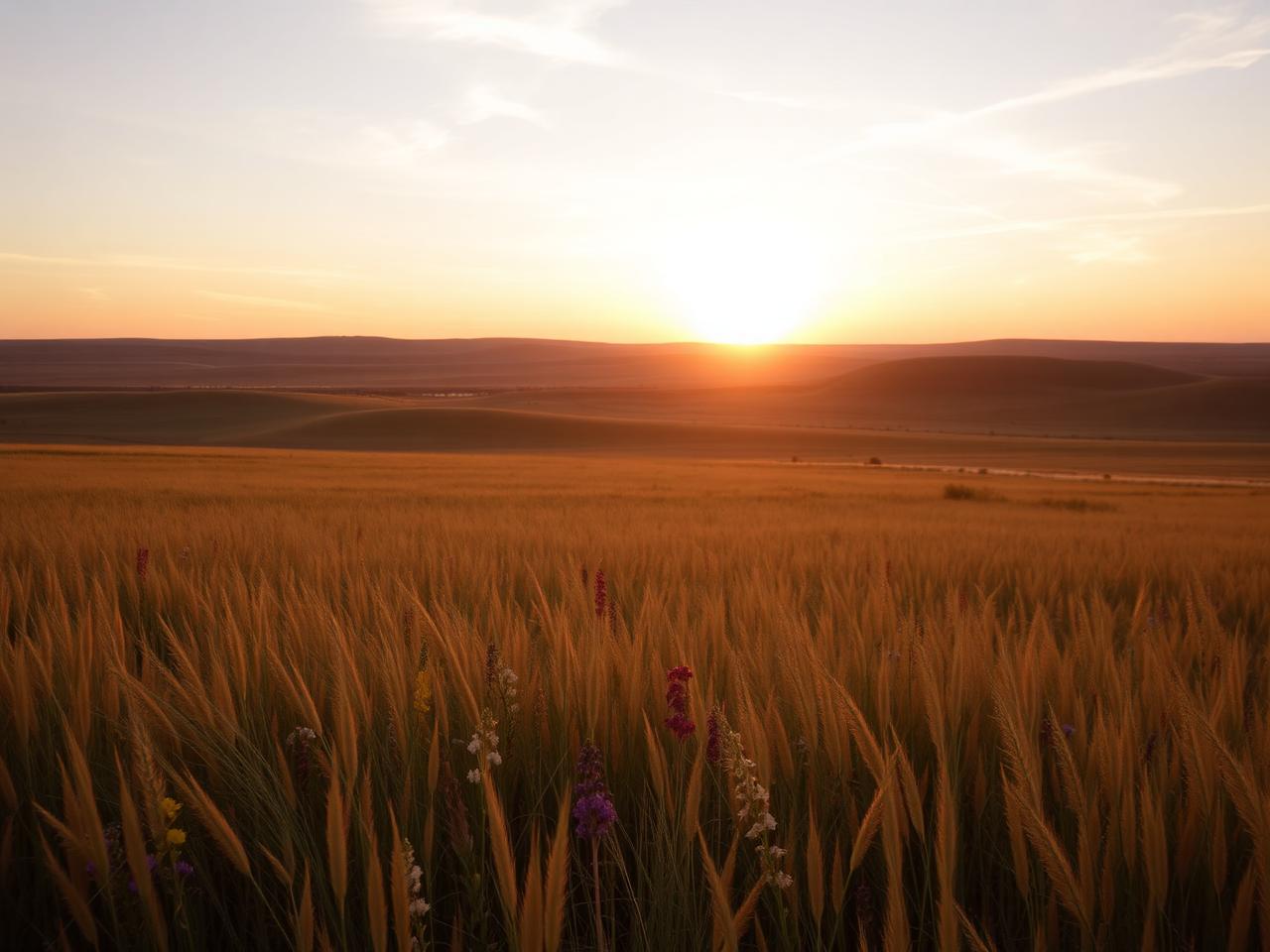 Golden prairie grasses and wildflowers under a wide sky at sunset