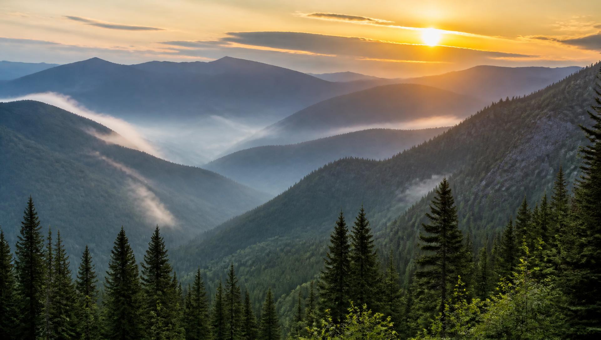 Mountain ridges and conifer forest at sunrise
