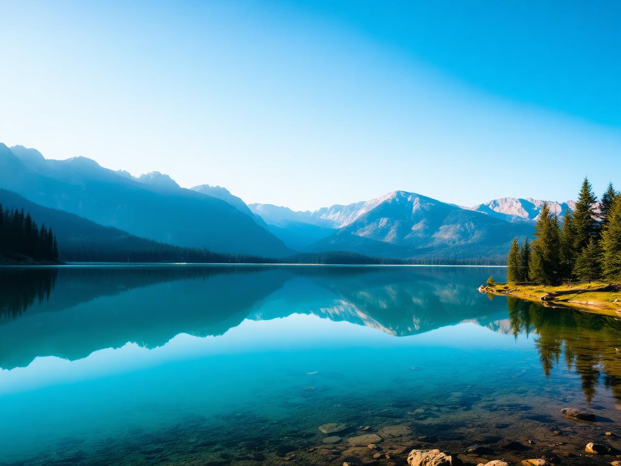 Still alpine lake reflecting mountains and pine trees