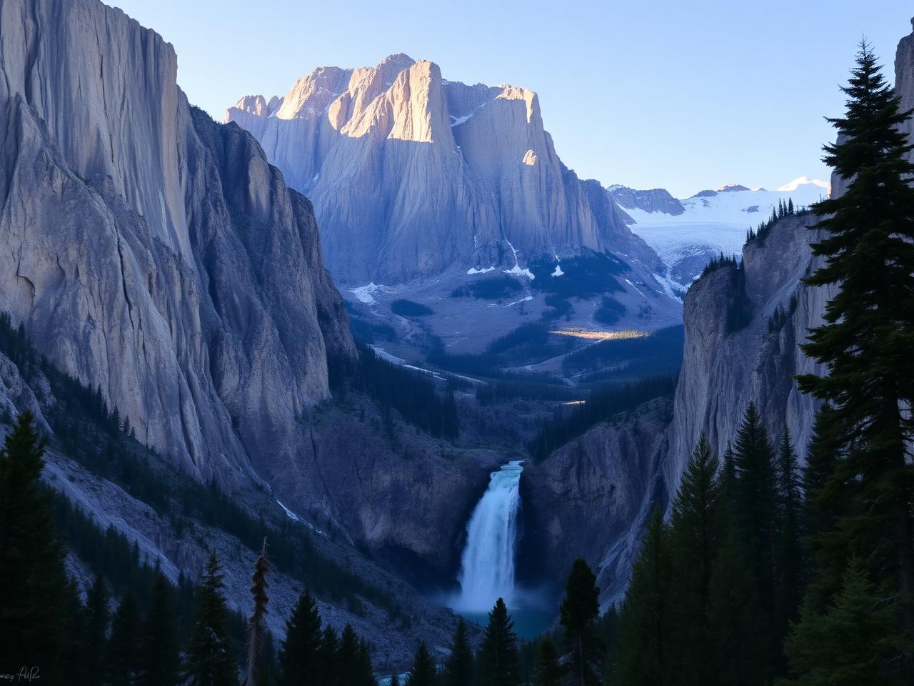 Granite cliffs and a waterfall in a glacial valley