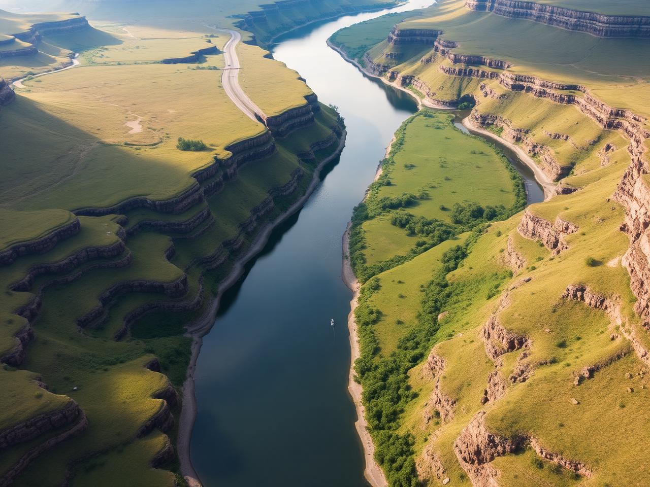 A wide river meandering between green banks and layered cliffs