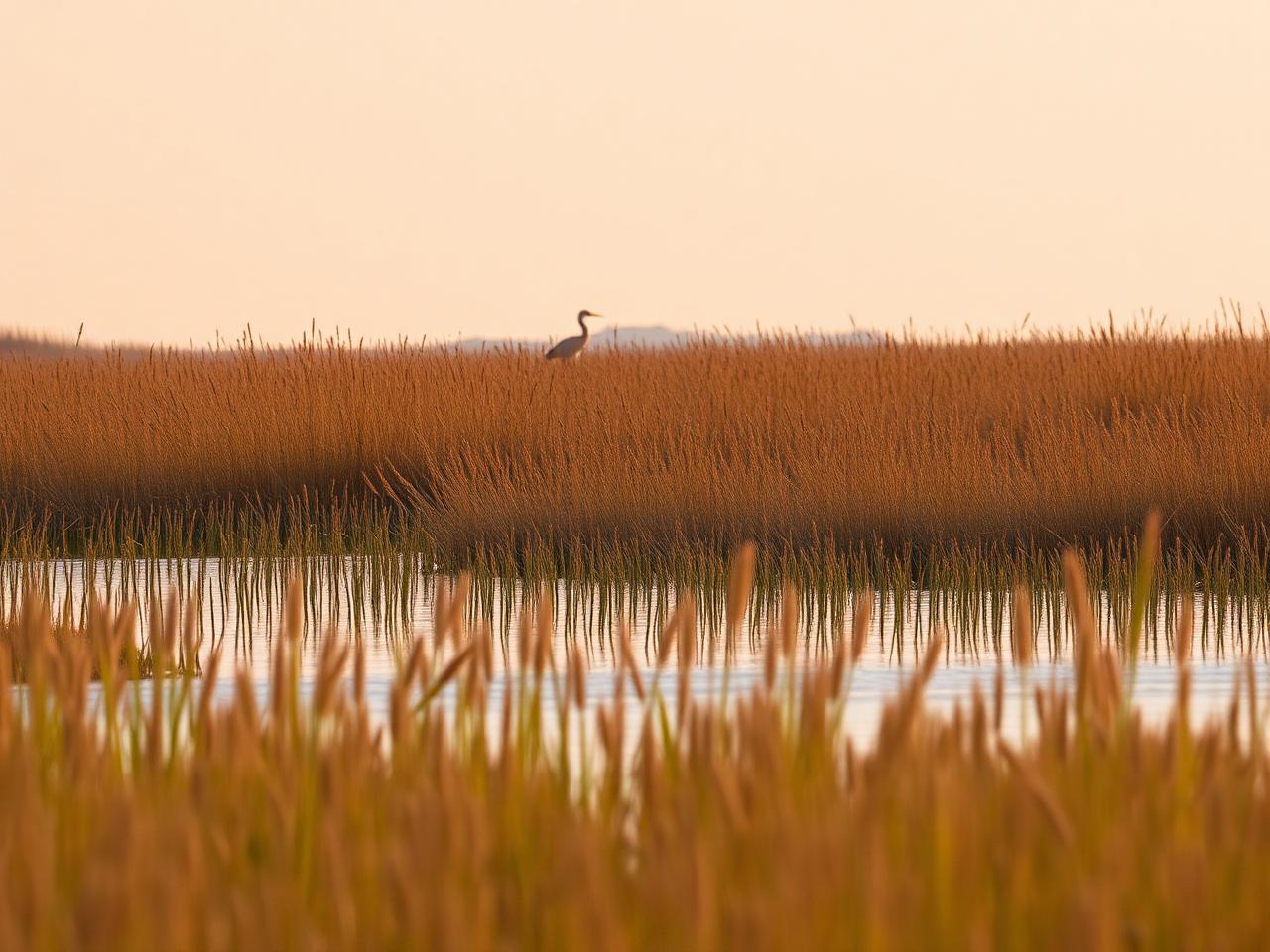 Marsh reeds and calm water with a wading bird at dawn