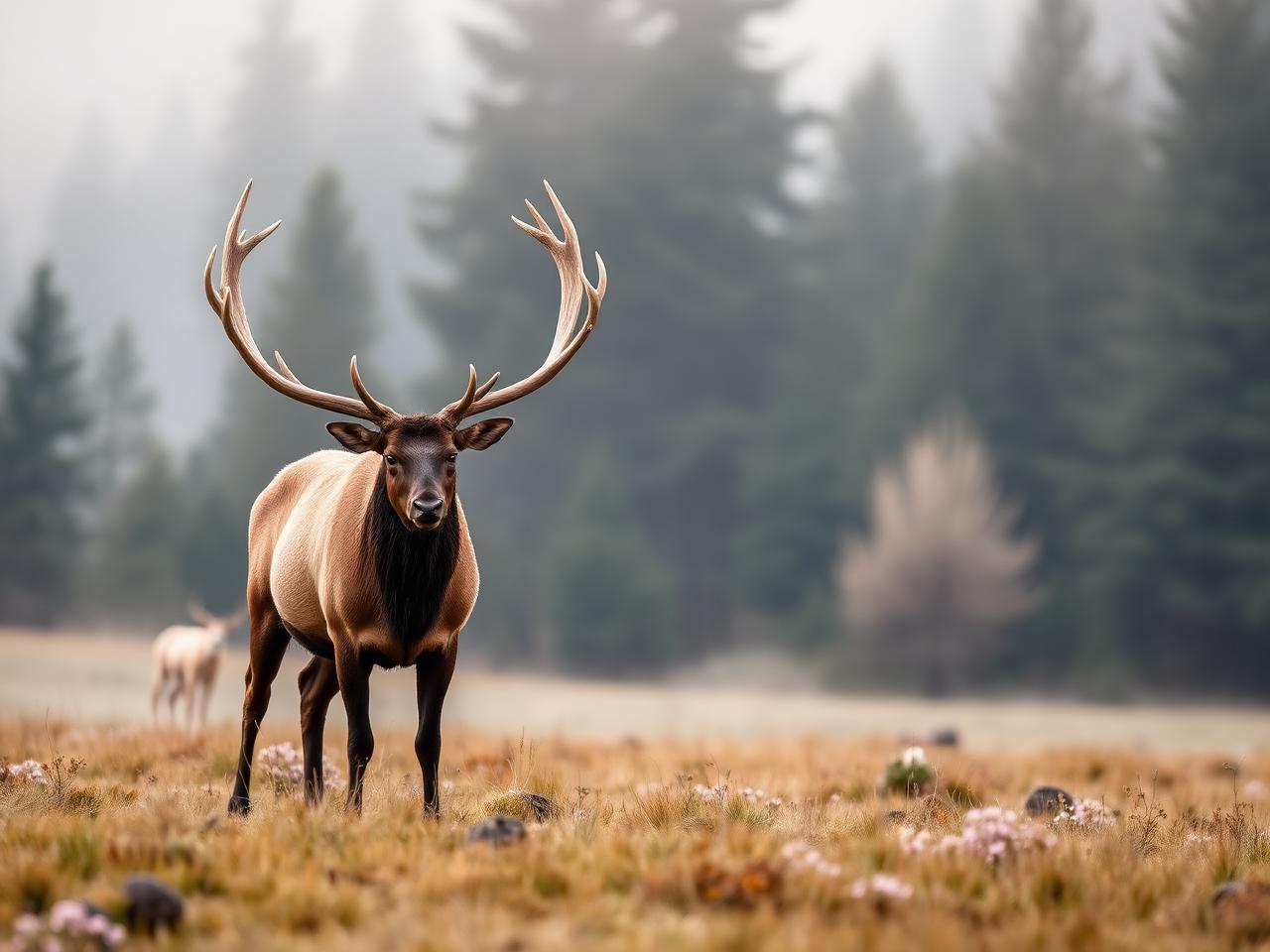 An elk standing in a misty meadow at the edge of a forest